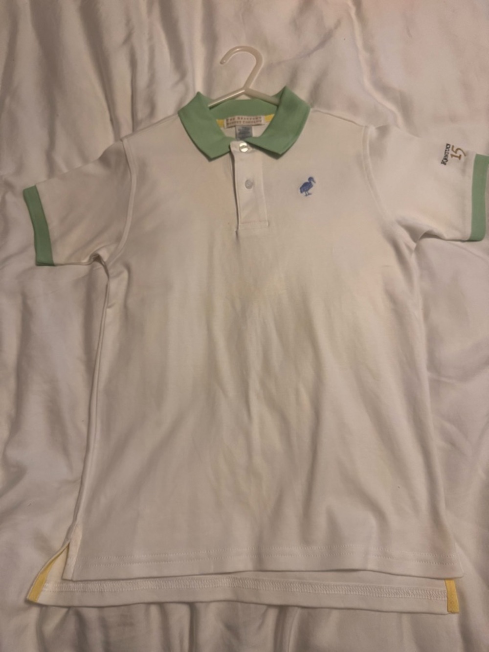 White Polo Shirt with Mint Green Trim and Embroidered Logo